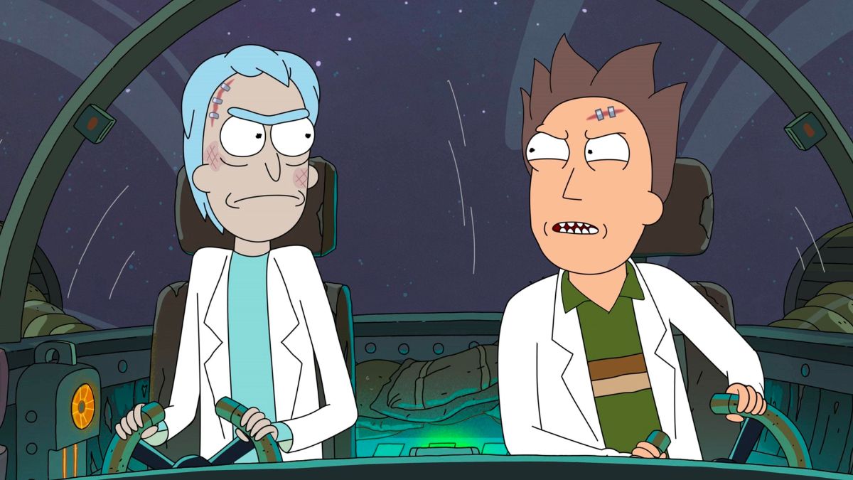 Rick and Morty: Rick and Jerry in Rick's spaceship, each having been partially merged with the other