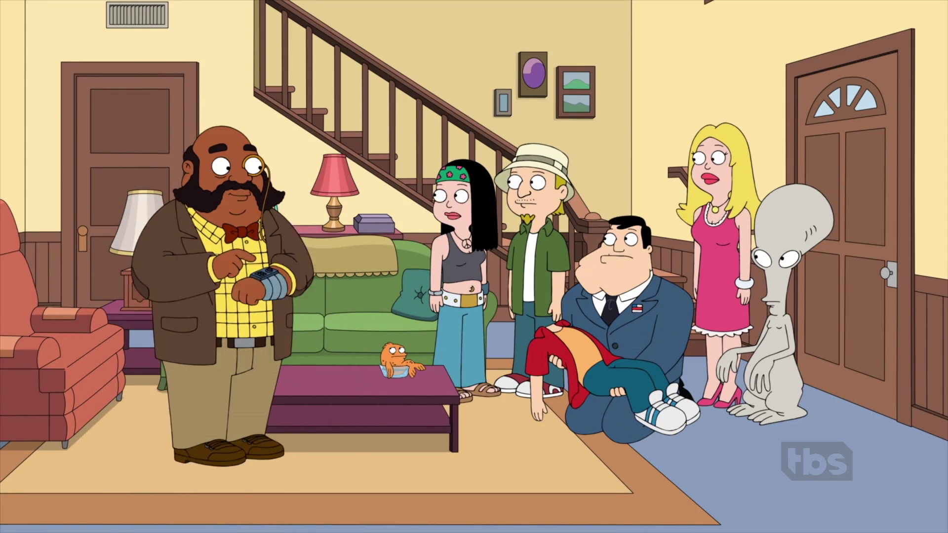 American Dad - alternate universe Principal Lewis talking to the Smiths (with Stan holding Steve's headless body)