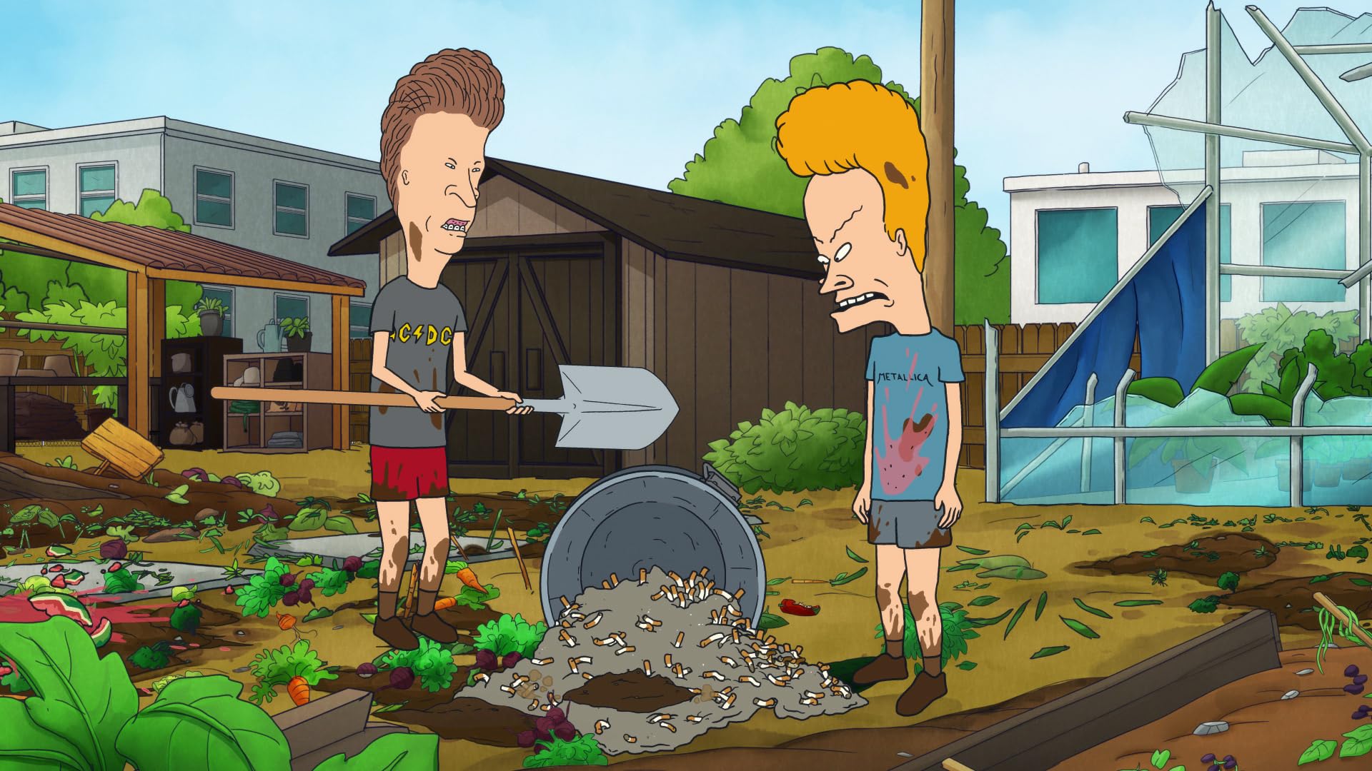 Beavis and Butt-Head planting cigarette butts in a garden