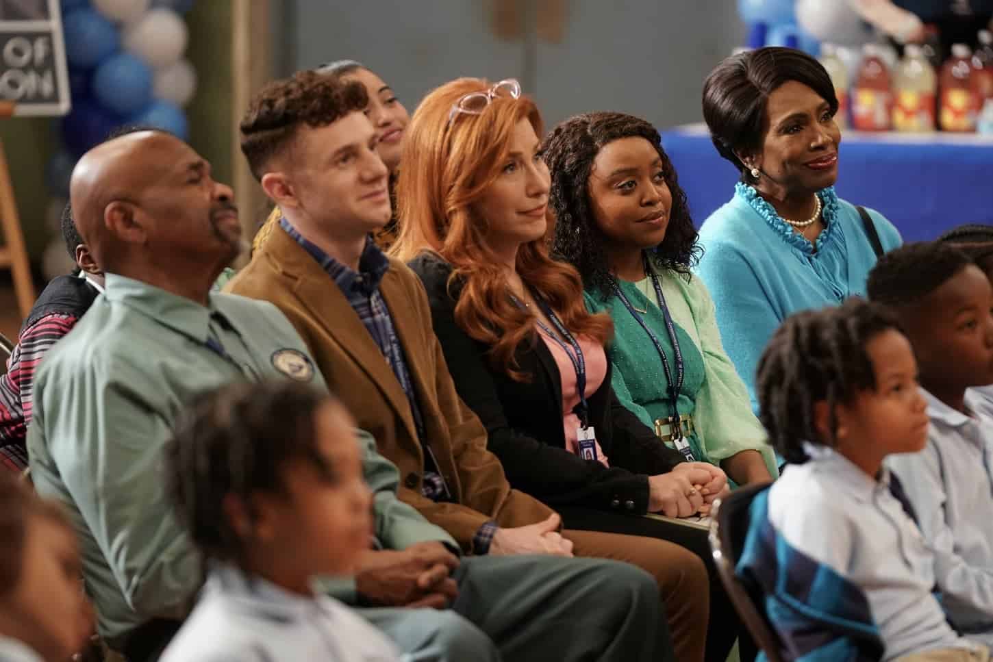Abbott Elementary: L-R: Mr. Johnson, Jacob, Melissa, Janine, Barbara seated in the auditorium