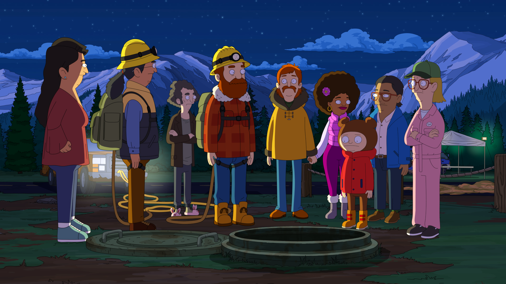 The Great North: A bunch of characters stand around a giant manhole or cistern