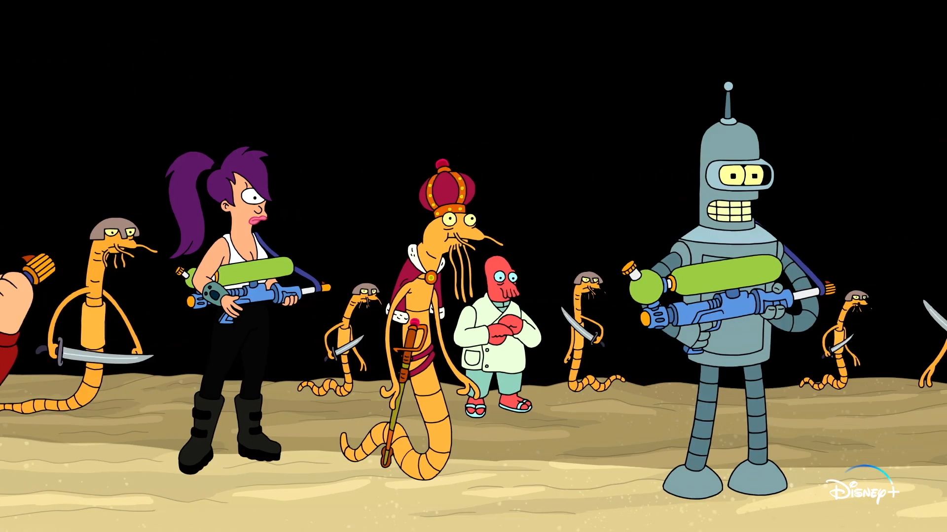 Futurama: Leela and Bender holding what appear to be Super Soakers on a desert world surrounded by sentient worms (with their king in the middle). Also Zoidberg is in the background