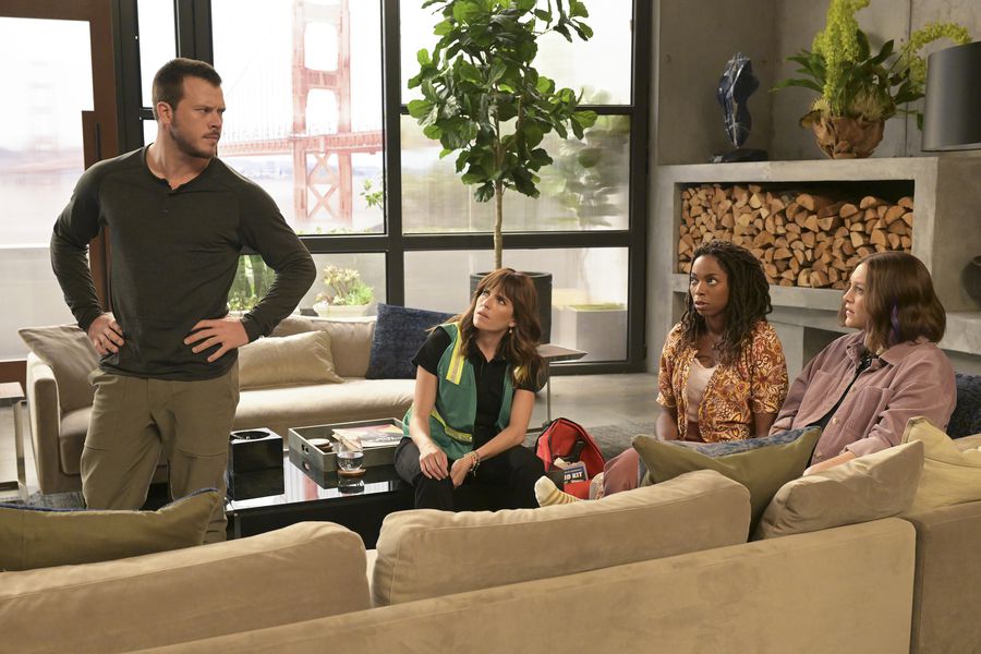 Home Economics: Connor (Jimmy Tatro), Marina (Karla Souza), Denise (Sasheer Zamata), and Sarah (Caitlin McGee), in Connor's living room