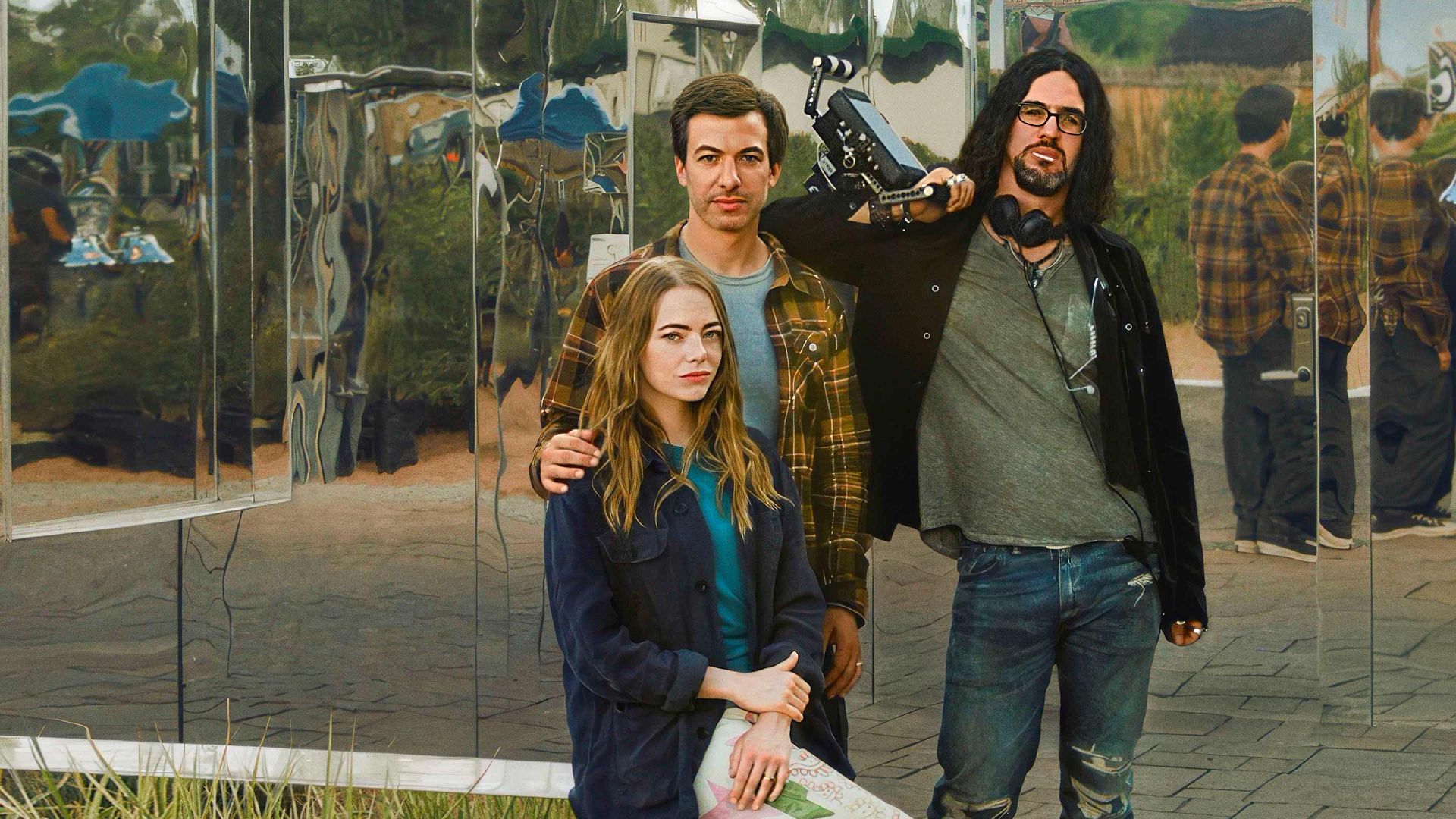 The Curse: Whitney (Emma Stone), Asher (Nathan Fielder), and Dougie (Benny Safdie) standing in front of one of their passive homes