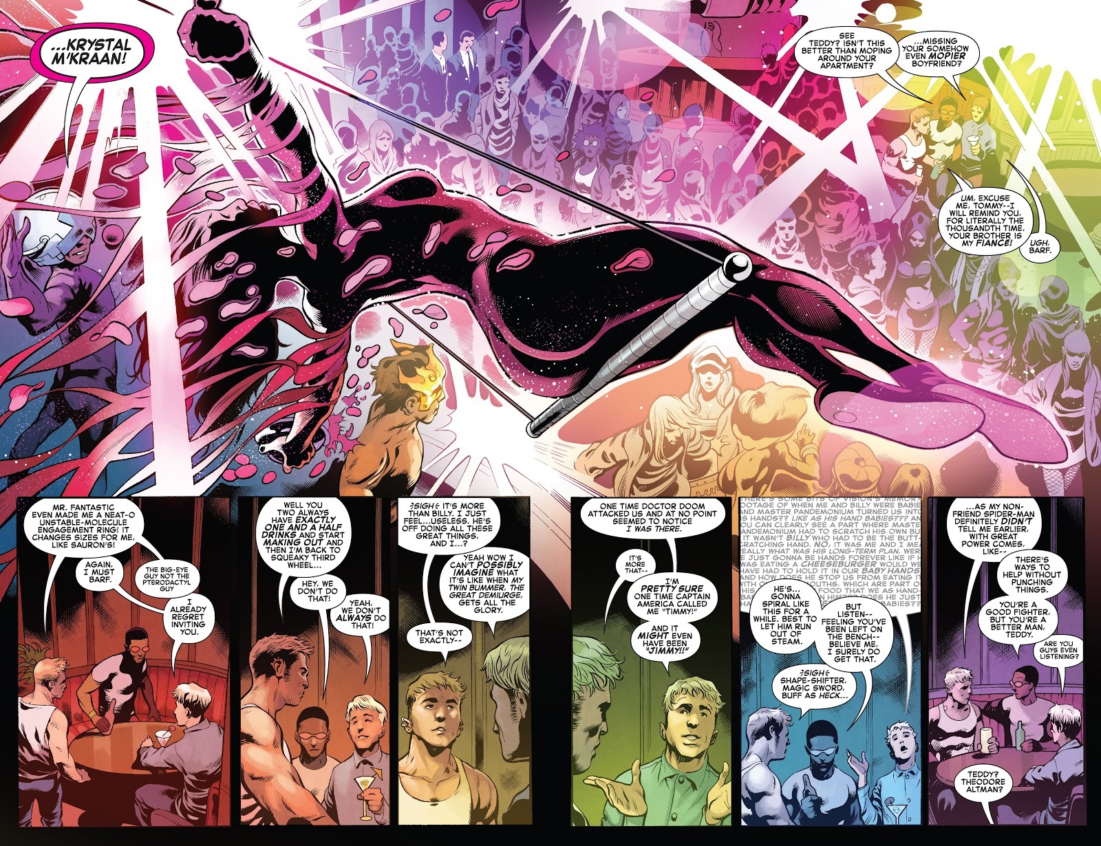 A large splash page featuring an acrobatic dancer at the top, and a series of panels at the bottom with Tommy, David and Teddy talking. It ends with Tommy ranting about the baby hands.
