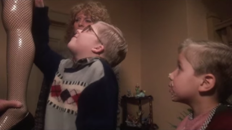 Ralphie looking at The Old Man's "major award"-- a lamp that's a woman's leg in a short skirt-- and reacting to him saying it's a statue with "Yeah, a statue!" while feeling it up.
