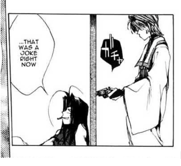 Sanzo points his gun at Gojyo's head through the closed door, as Gojyo says, "...that was a joke right now"