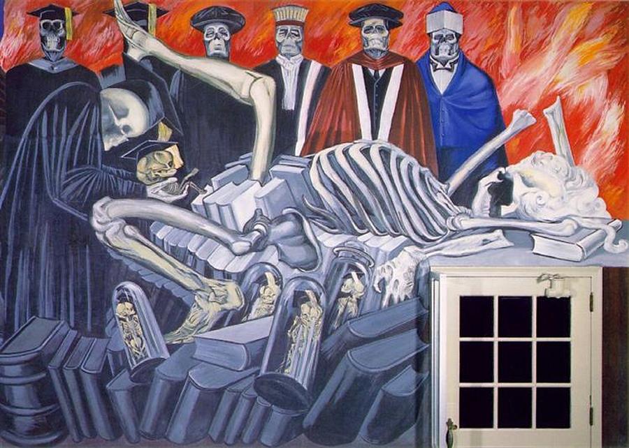 A skeleton gives birth to books, while faculty in academic robes looks on.