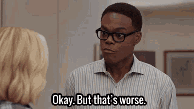 A Black man tells a white woman, "Okay. But that's worse. You do get how that's worse, right?"