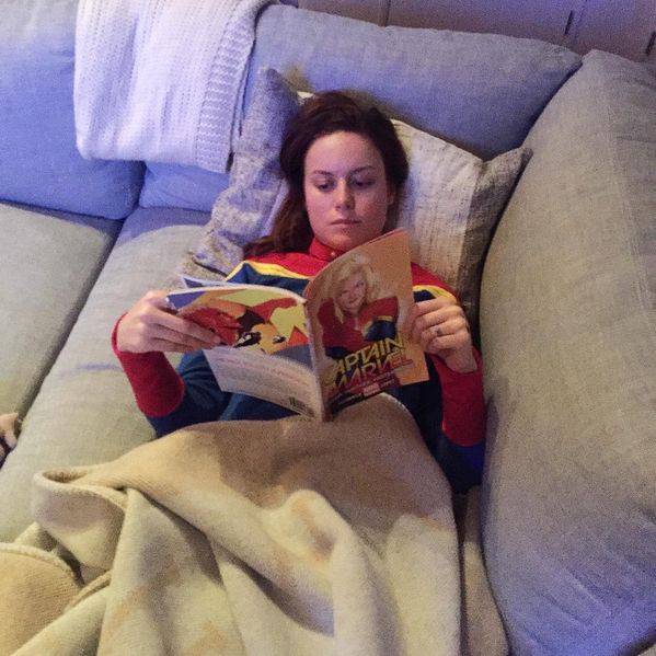 Brie Larson reading Captain Marvel courtesy Brie Larson